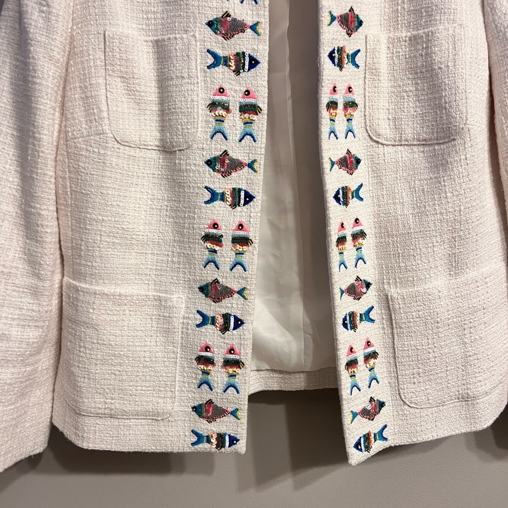 Talbots Women's Cream Textured Blazer with Colorful Embroidery - Picture 5 of 12